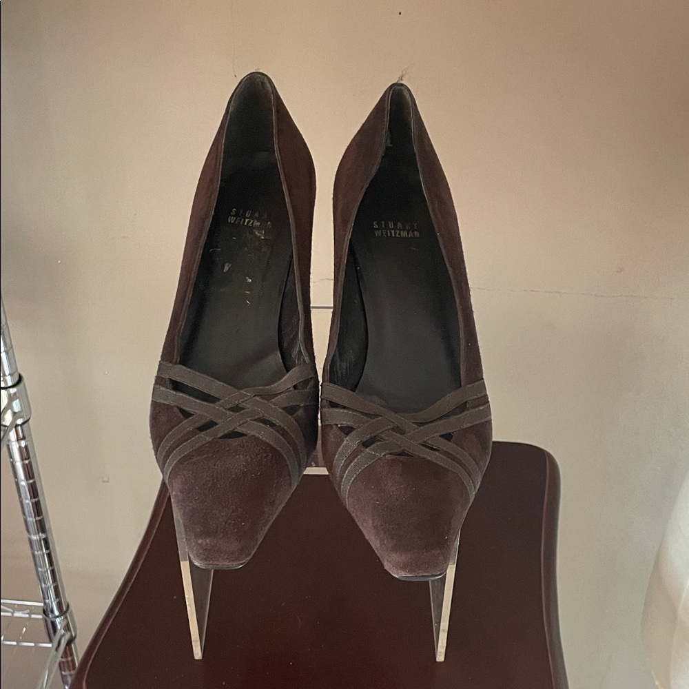 Stuart Weitzman Brown Suede Pointed Toe Strappy Pumps